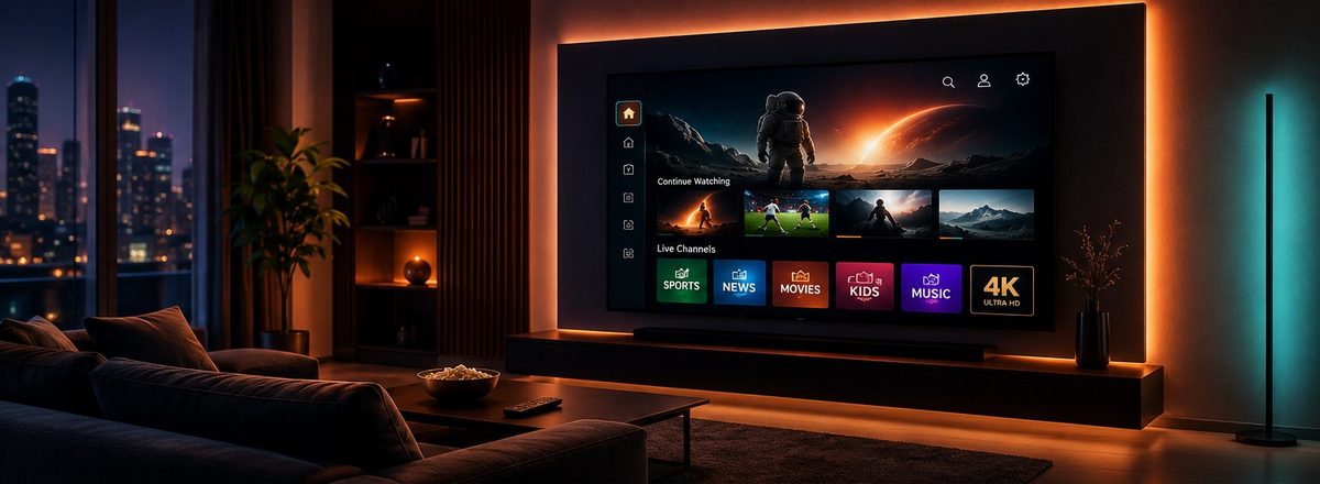 IPeeTV streaming interface on a living room TV