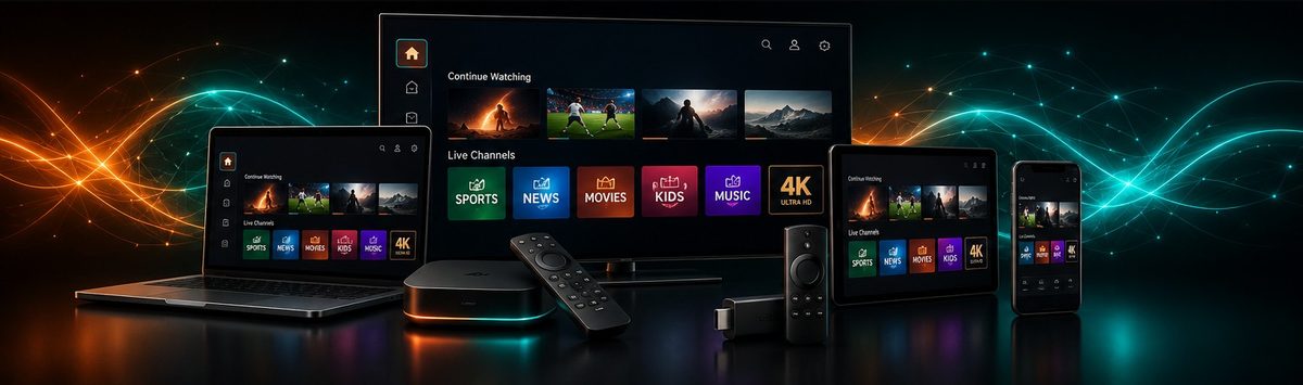 IPeeTV streaming synced across phone, tablet, laptop, and Firestick
